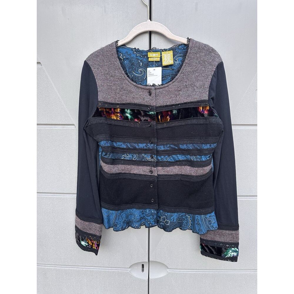 Acorn Wool Patchwork Sweater Cardigan Mixed Media Eclectic Boho Hippie Artsy Med